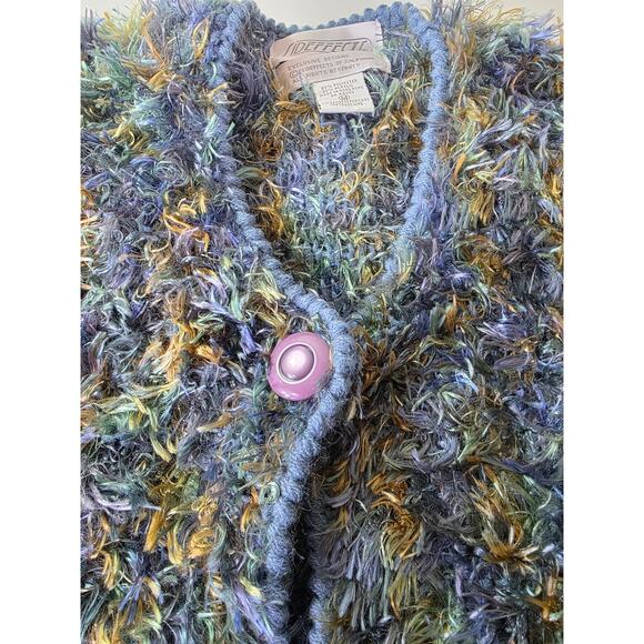 Vintage SIDE EFFECTS Blue Green Fuzzy Open Front Shaggy Cardigan SZ M - Picture 4 of 8